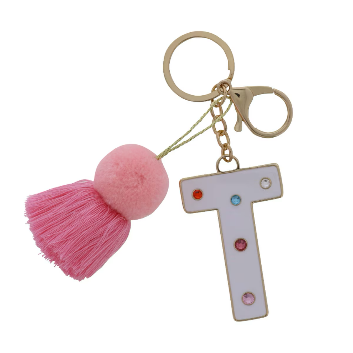 WHITE ENAMEL LETTER WITH MULTI CRYSTALS & POM TASSEL KEYCHAIN - Persnickety Shop