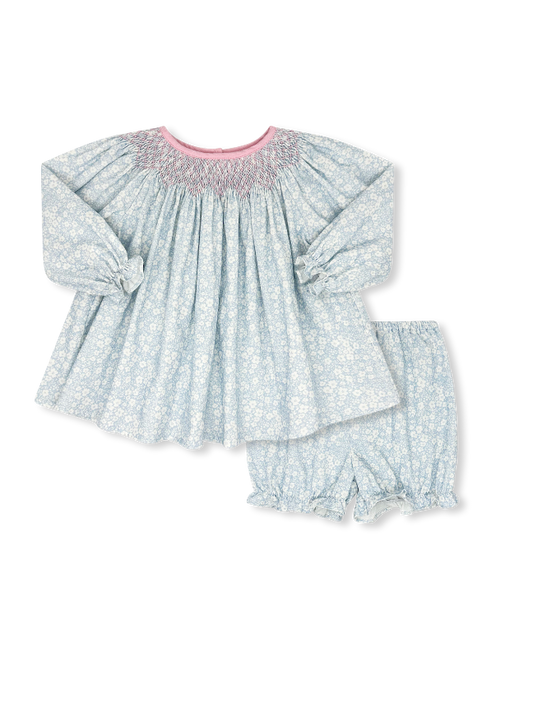 Lullaby Set Long Sleeve Betsy Bloomer Set Baker Blue Minigingham with Polite Pink Smocking - Persnickety Shop