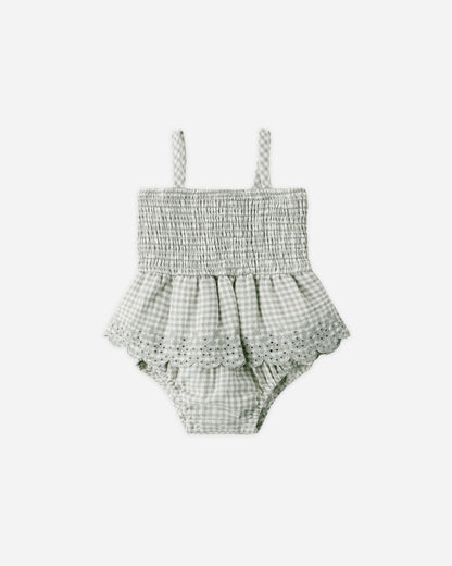 Smocked Skirted Romper || Sage Gingham - Persnickety Shop