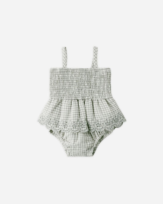 Smocked Skirted Romper || Sage Gingham - Persnickety Shop
