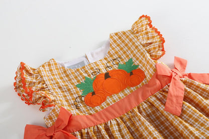 Lil Cactus *Pre-Order* Orange Gingham Ruffle Pumpkin Bow Dress