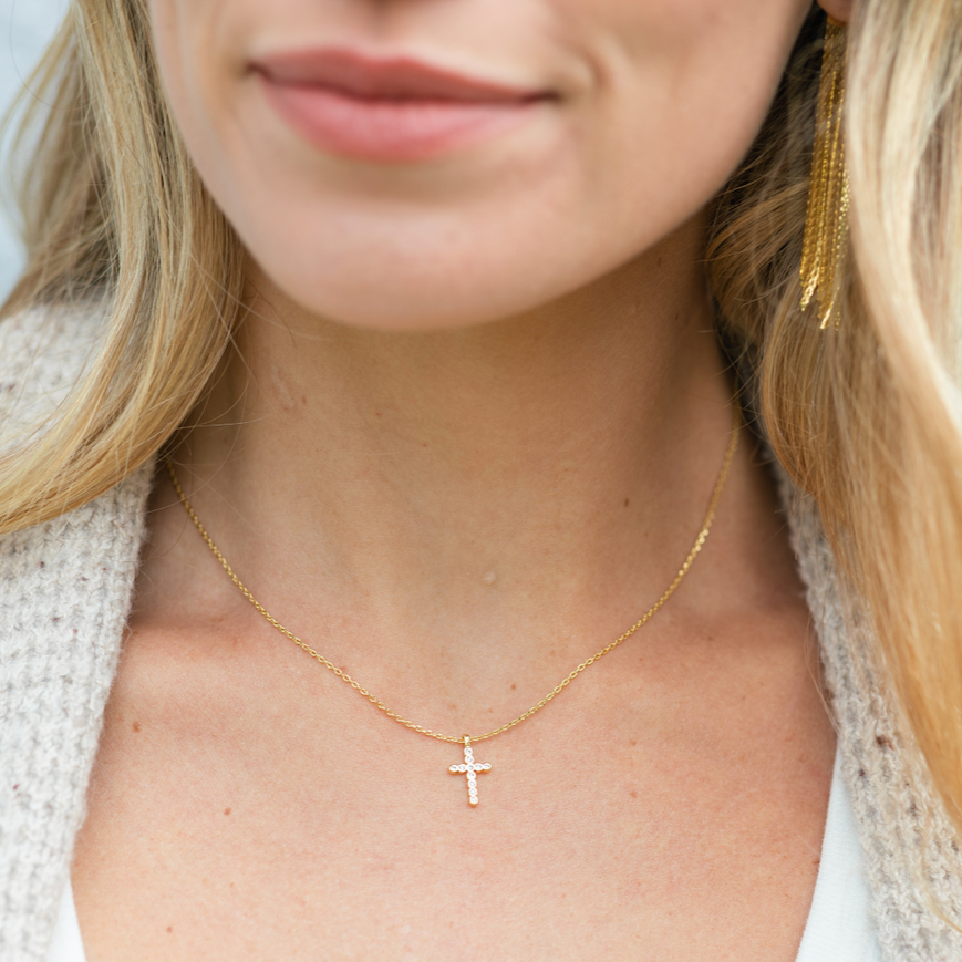 Gold Delicate CZ Cross Pendant Necklace - Persnickety Shop