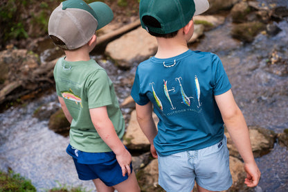 PRODOH Boys' Pro Performance Short Sleeve T-shirt in Tapestry Blue with Fishing Lures