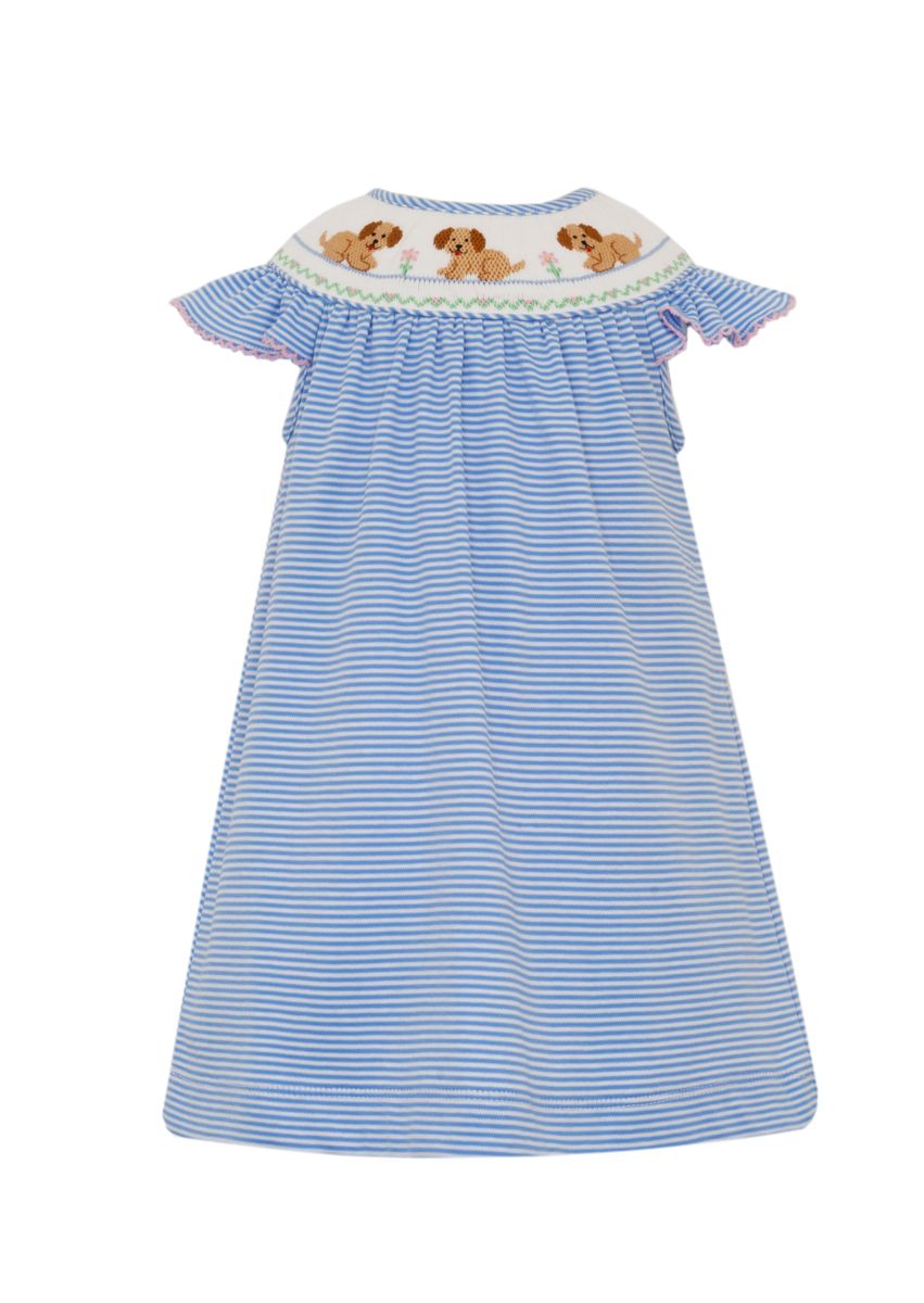 Petit Bebe Garden Puppies Angel Wing Bishop Dress – Peri Blue Stripe - Persnickety Shop