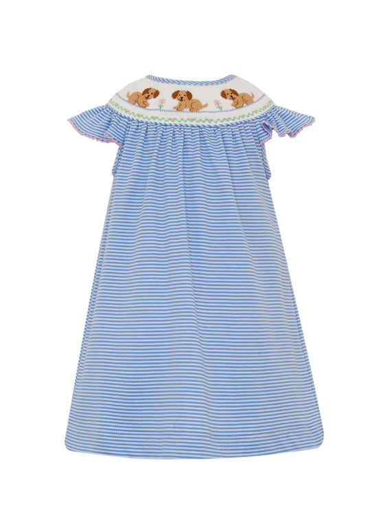 Petit Bebe Garden Puppies Angel Wing Bishop Dress – Peri Blue Stripe - Persnickety Shop