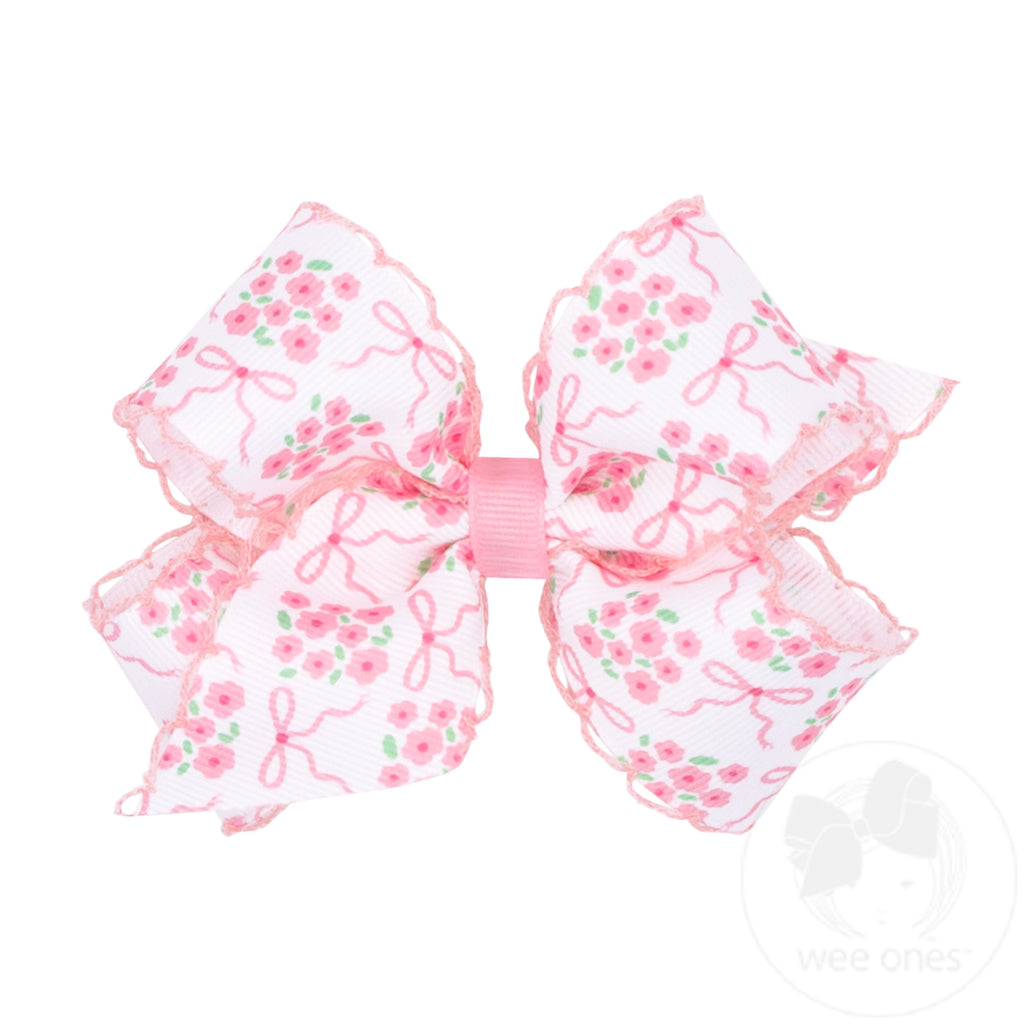 Wee Ones Medium Moonstitch Hair Bow in Pink Bow and Flower Print - Persnickety Shop