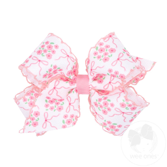 Wee Ones Medium Moonstitch Hair Bow in Pink Bow and Flower Print - Persnickety Shop