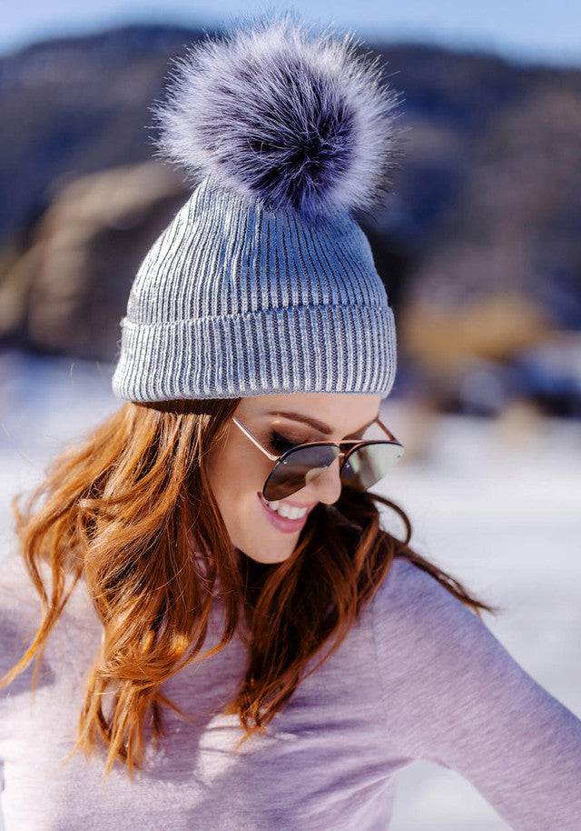 Silver Metallic Knit Faux Fur Pom Hat - Persnickety Shop