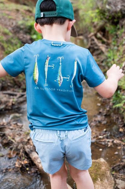 PRODOH Boys' Pro Performance Short Sleeve T-shirt in Tapestry Blue with Fishing Lures
