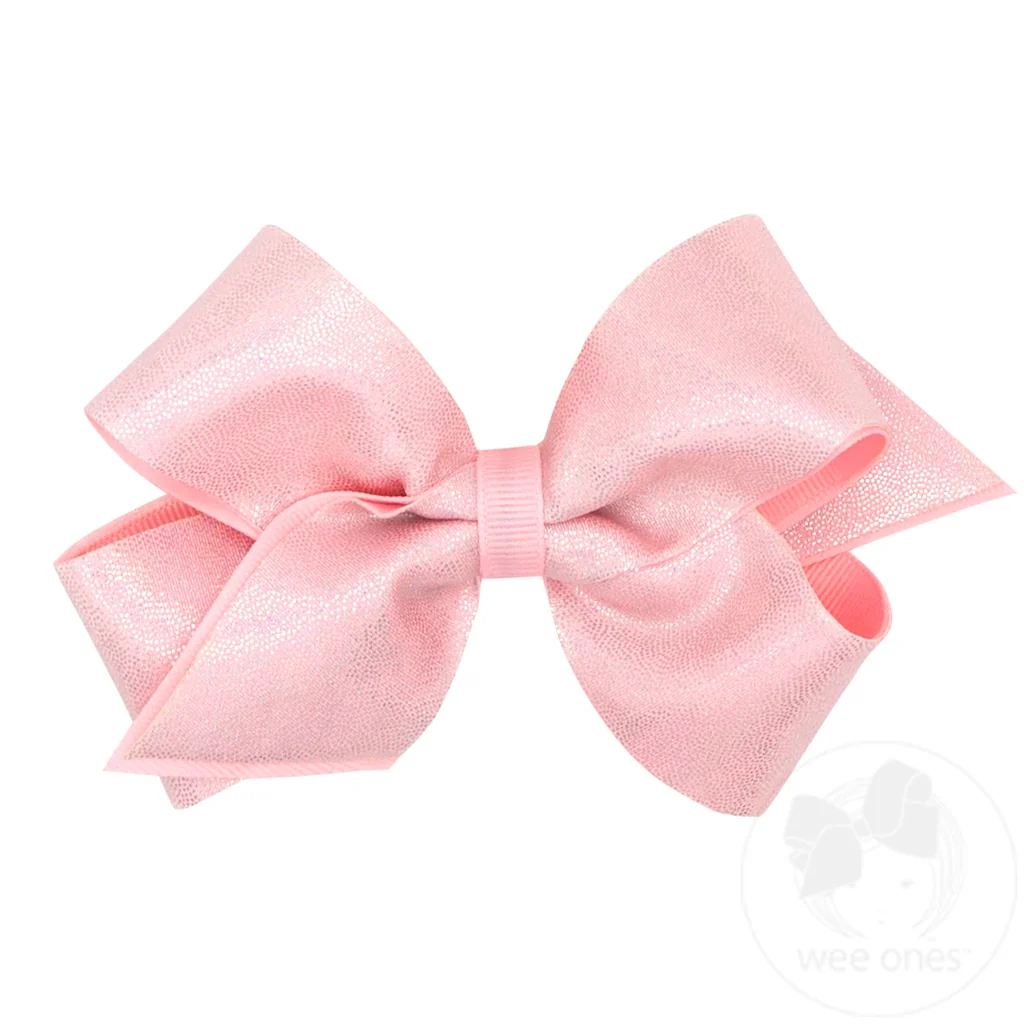 Wee Ones Light Pink Medium Mirror Dot and Grosgrain Overlay Hair Bow