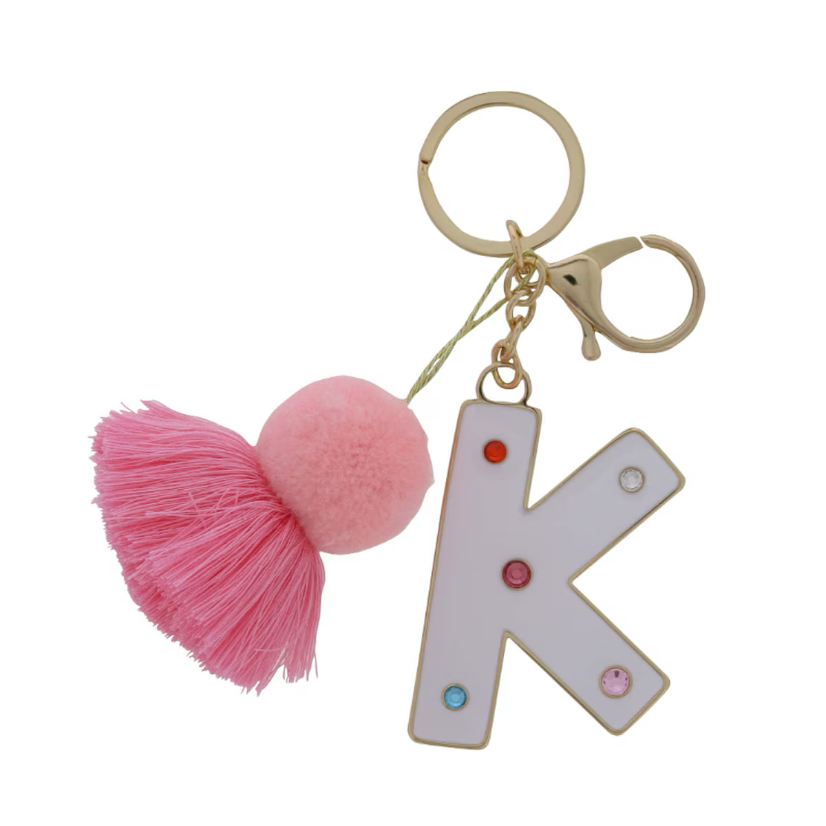 WHITE ENAMEL LETTER WITH MULTI CRYSTALS & POM TASSEL KEYCHAIN - Persnickety Shop