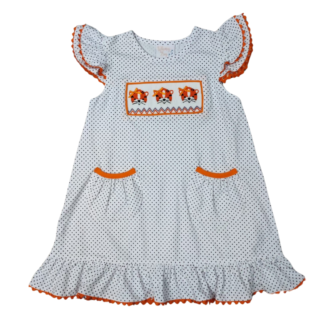 CLEMSON Orange & Purple Tiger Smocked Faye Flutter Dress - Persnickety Shop