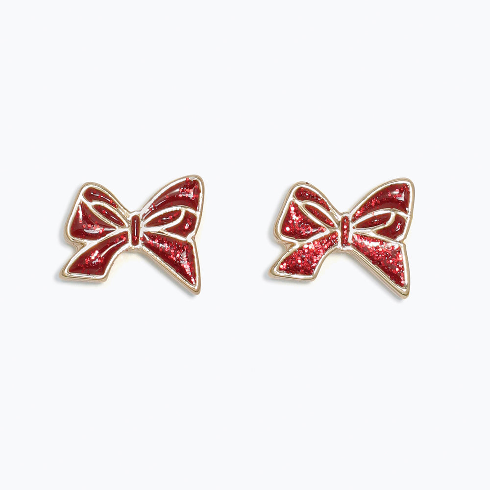 Earrings-Red Glitter Bows Gold