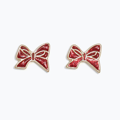 Earrings-Red Glitter Bows Gold