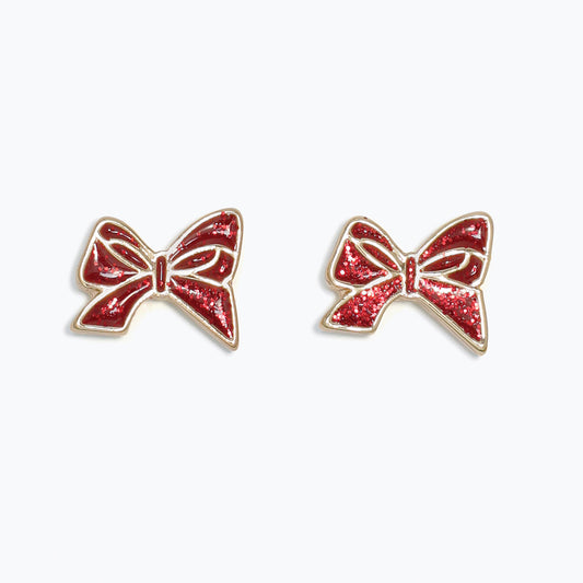 Earrings-Red Glitter Bows Gold