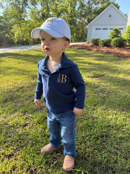 Wee Ones Boys Embroidered Dog Seersucker Ball Cap- Kids - Persnickety Shop