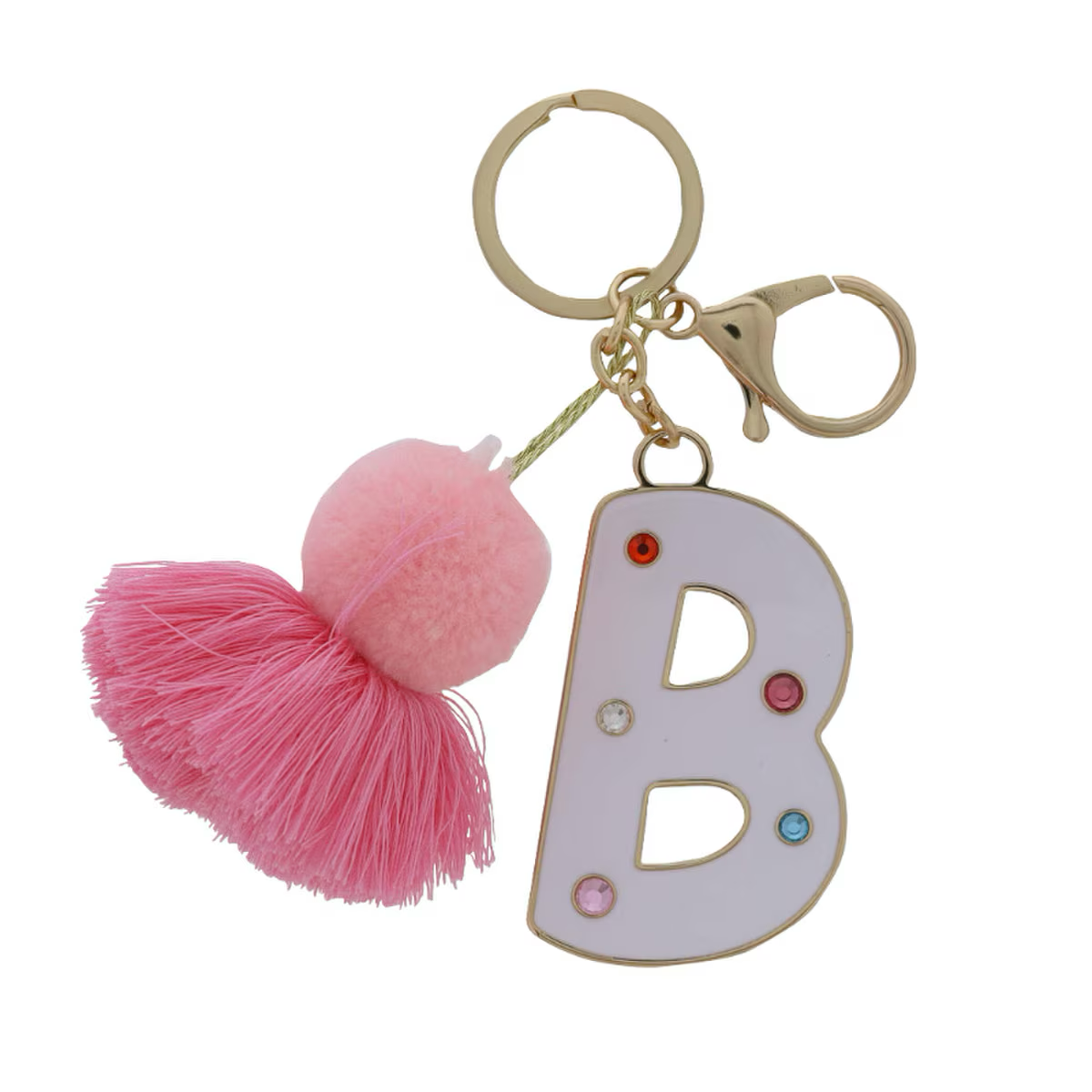 WHITE ENAMEL LETTER WITH MULTI CRYSTALS & POM TASSEL KEYCHAIN - Persnickety Shop