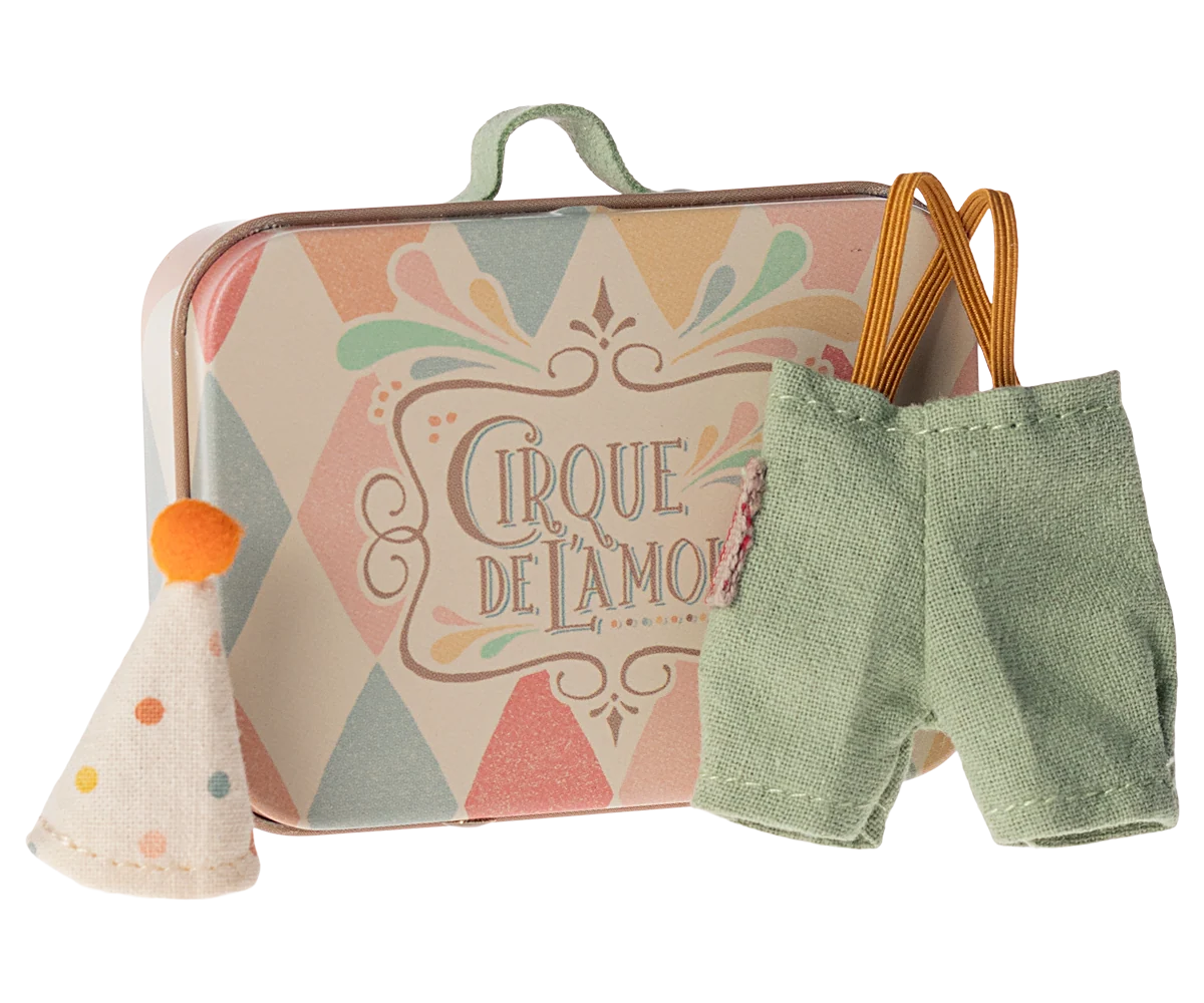 Maileg NEW Clown clothes in suitcase, Little brother mouse