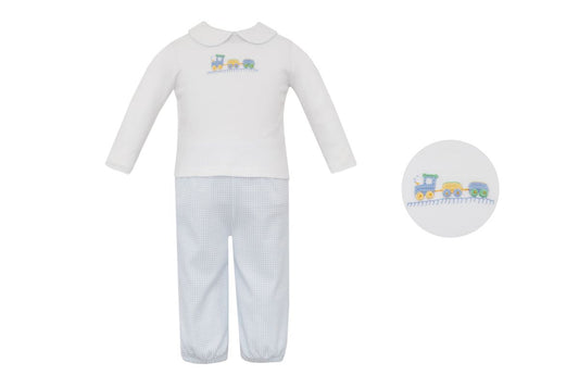 PRE-ORDER  Boys TRAIN - Lt.blue gingham knit boy´s pant set w/ white knit shirt L/S - Persnickety Shop