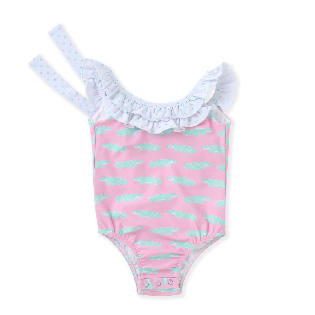Swoon Pink Gator and polka Dot Ruffle Swimsuit - Persnickety Shop