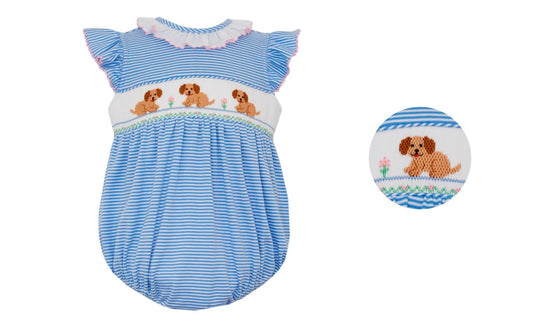 Petit Bebe Garden Puppies Smocked Bubble – Peri Blue Stripe with Ruffle Collar - Persnickety Shop