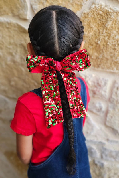 Wee Ones King Red and Green Velvet Sequin Two-loop Hair Bow with Long Front Tails and Knot Wrap1
