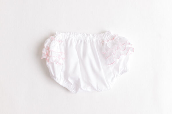 Terry Tots Diaper Cover – White with Pink Side Ruffles 3-6M
