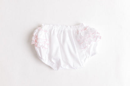 Terry Tots Diaper Cover – White with Pink Side Ruffles 3-6M