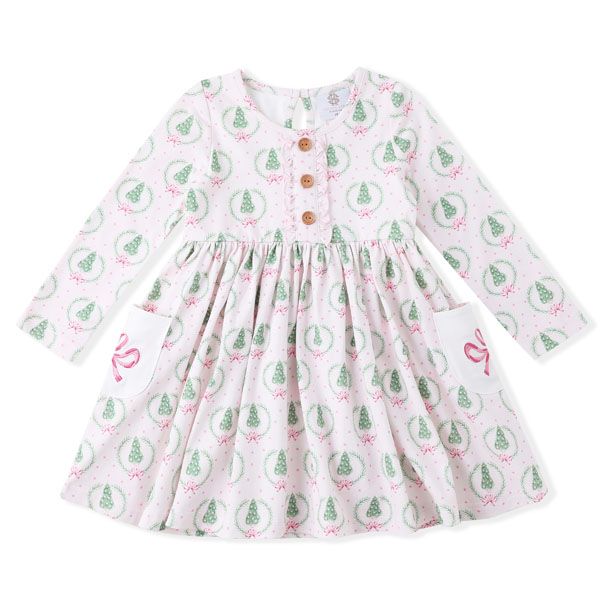 Swoon Baby by Serendipity – Pink Bow with Christmas Tree Bliss Pocket Twirl Dress with Embroidery - Persnickety Shop