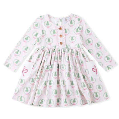 Swoon Baby by Serendipity – Pink Bow with Christmas Tree Bliss Pocket Twirl Dress with Embroidery - Persnickety Shop