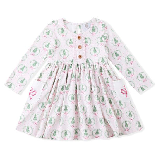 Swoon Baby by Serendipity – Pink Bow with Christmas Tree Bliss Pocket Twirl Dress with Embroidery - Persnickety Shop