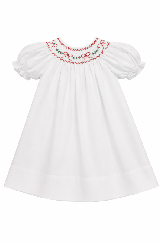 SWEET DREAMS RED BOWS & GARLAND WHITE SMOCKED DRESS