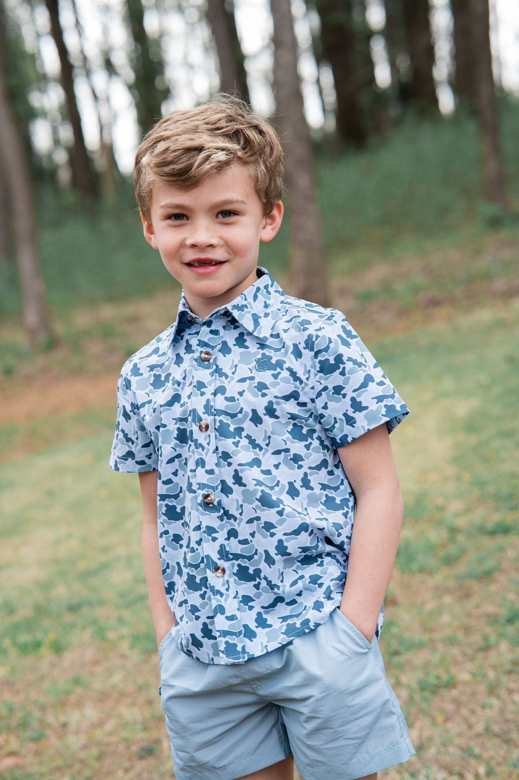 PRODOH Boy's Short Sleeve Button Down Shirt in Cool Blues Break Point Camo