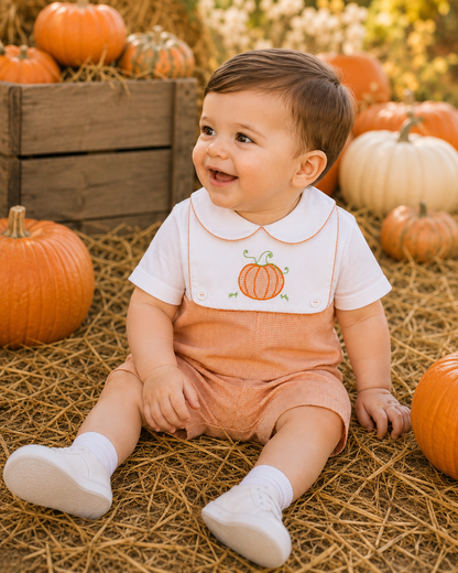 Petit Ami CONSTRUCTION ROMPER WITH REMOVEABLE PUMPKIN BIB