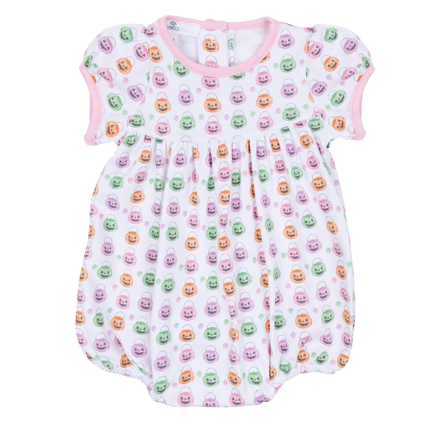 Magnolia Baby Girls Pink Pumpkin Party Print Short Sleeve Bubble Pink