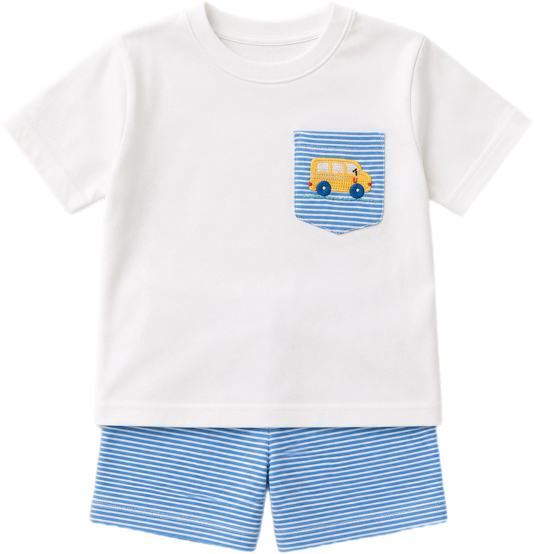 Petit Bebe Boy Short Set applique - School Bus