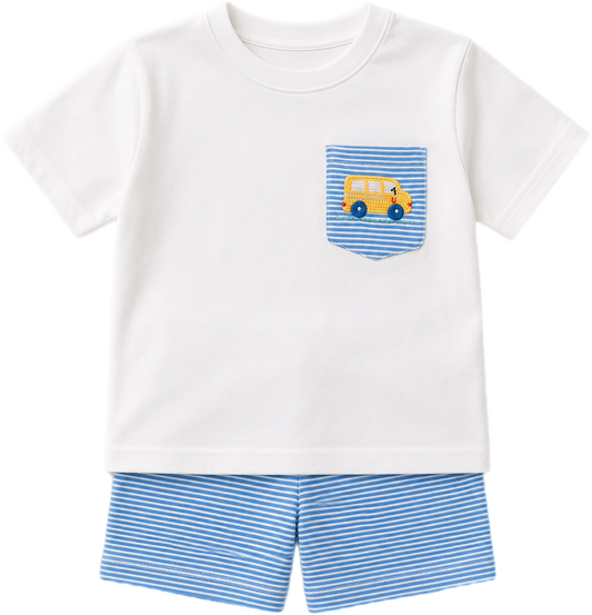 Petit Bebe Boy Short Set applique - School Bus