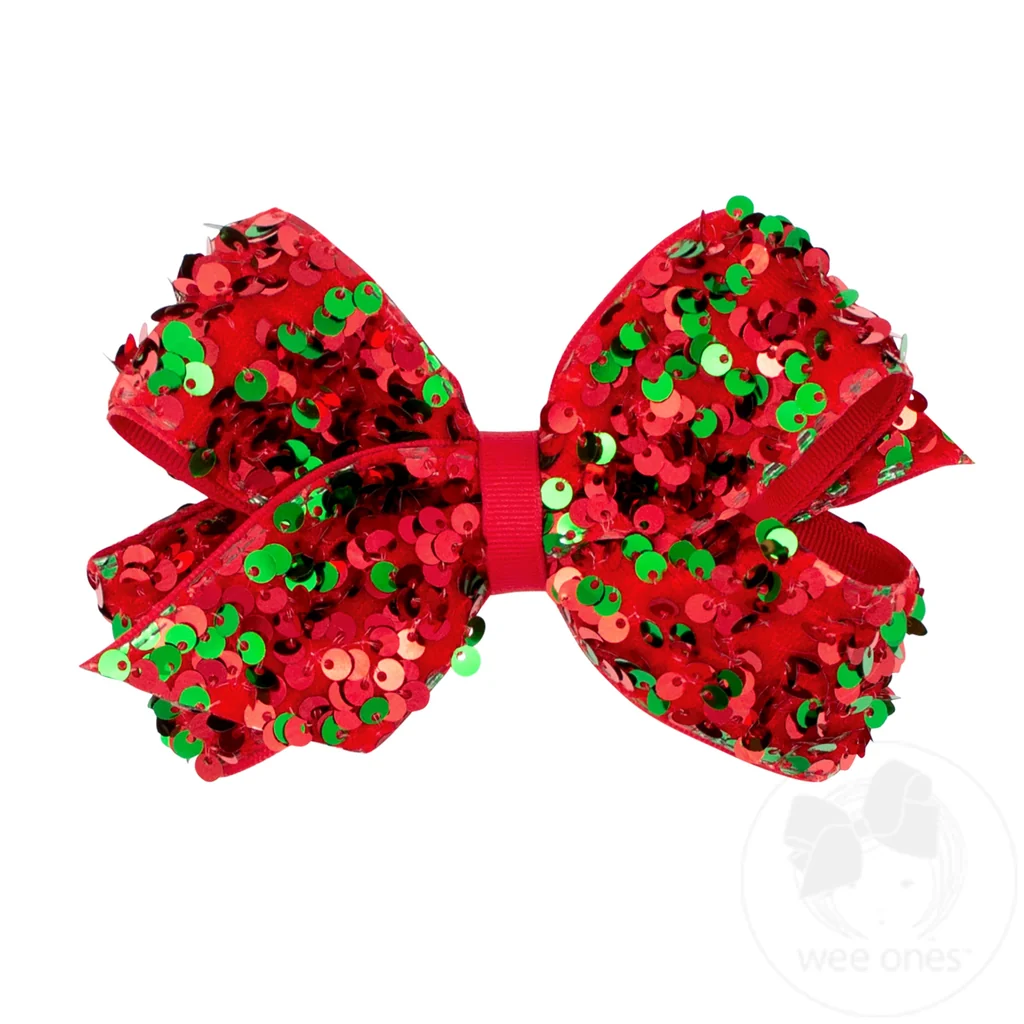 Wee OnesMedium Red and Green Velvet Sequin and Grosgrain Overlay Hair Bow