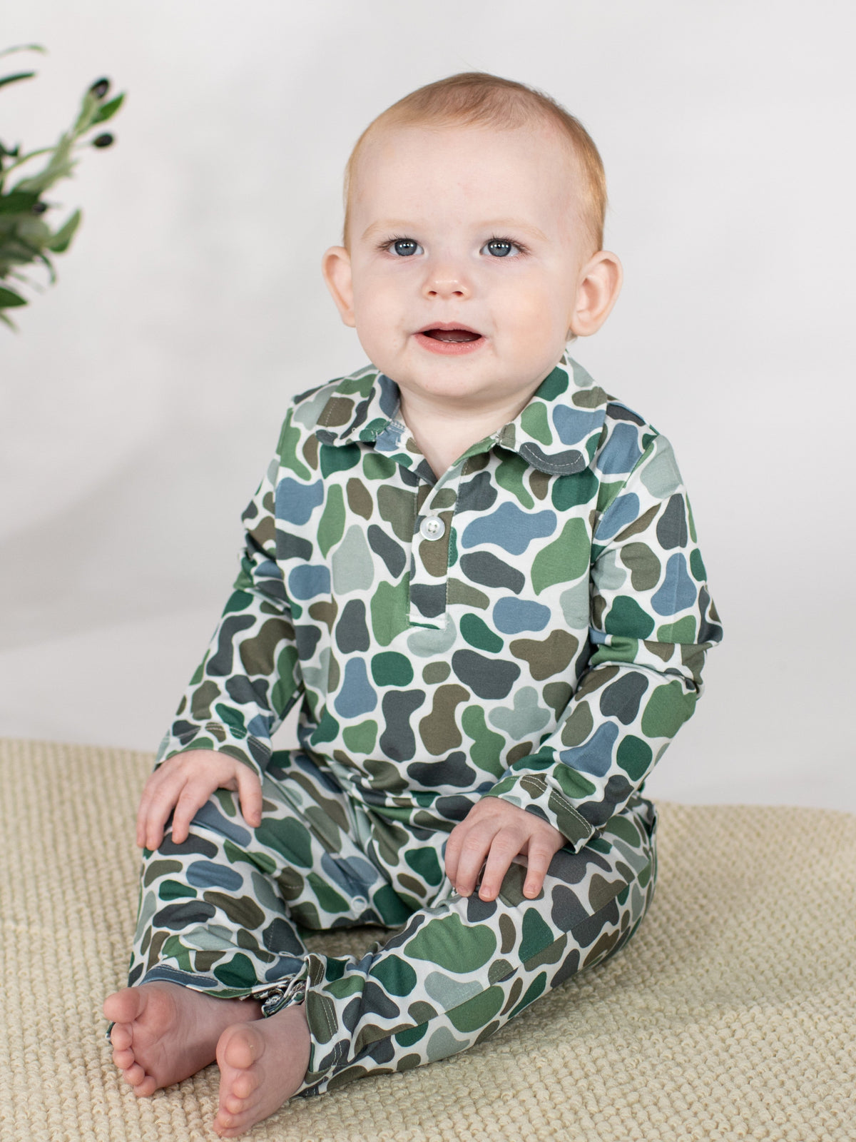 GOOSIES Long Sleeve Polo Romper-Pebble Camo