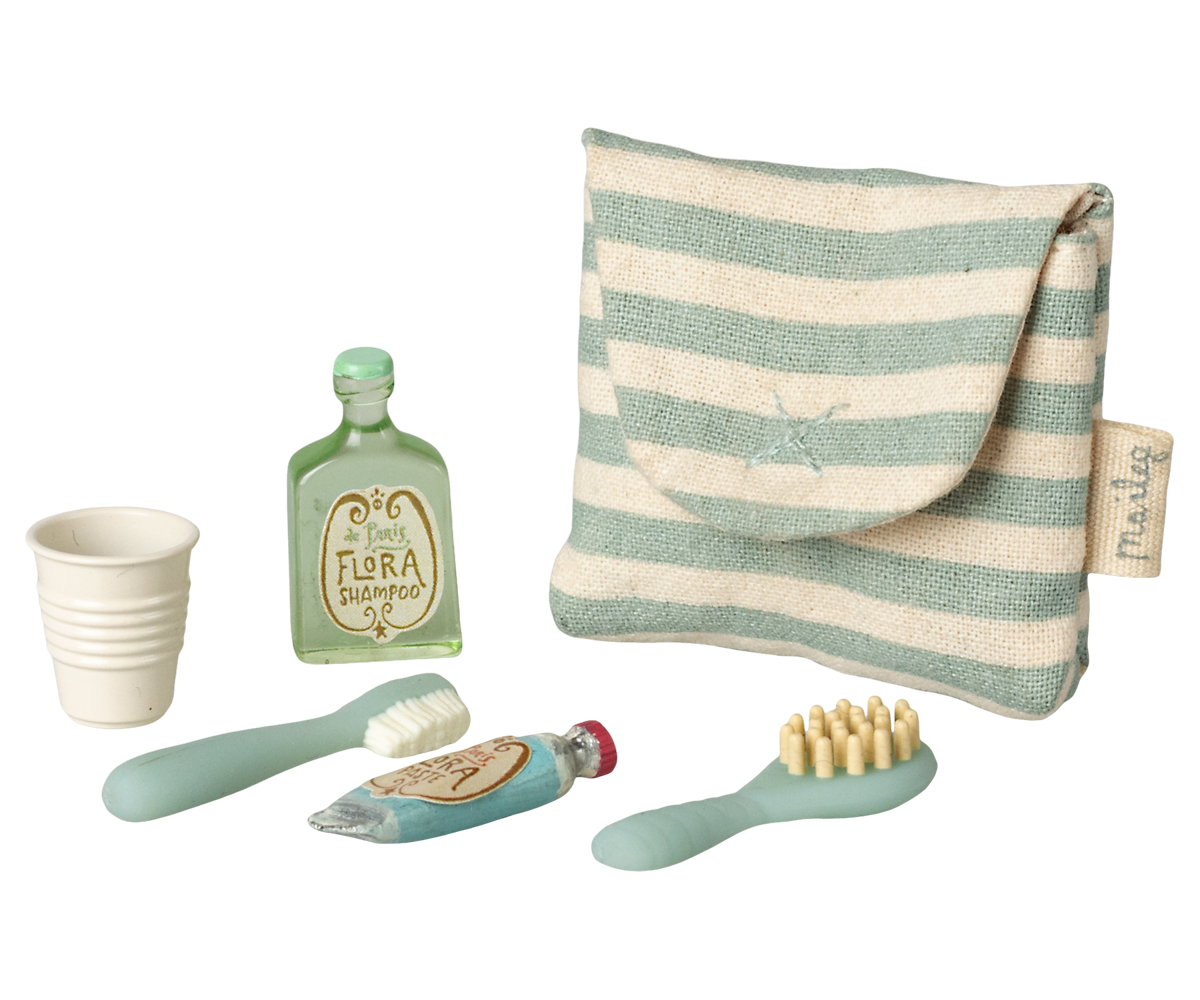 Maileg Tooth brush set in bag, Mouse - Blue stripe - Persnickety Shop