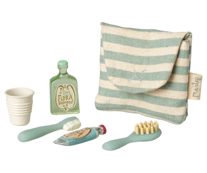 Maileg Tooth brush set in bag, Mouse - Blue stripe - Persnickety Shop