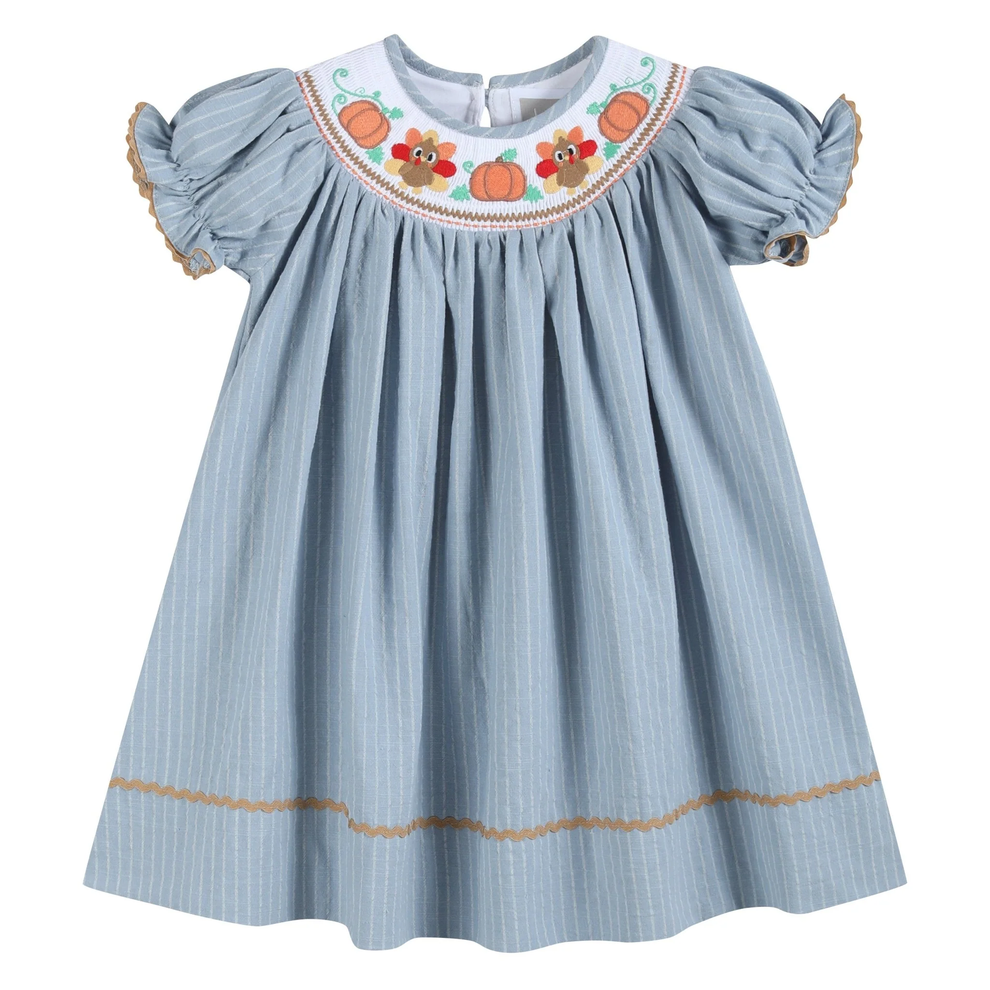 Light Blue Pinstripe Turkey Smocked Bishop Dress - Persnickety Shop