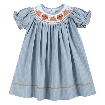 Light Blue Pinstripe Turkey Smocked Bishop Dress - Persnickety Shop