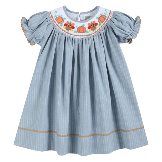 Light Blue Pinstripe Turkey Smocked Bishop Dress - Persnickety Shop