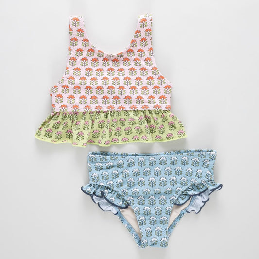 Pink Chicken girl's palmer tankini - multi prairie block print - Persnickety Shop