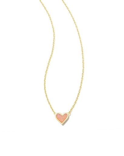 FRAMED ARI HEART SHORT PENDANT NECKLACE GOLD LIGHT PINK DRUSY