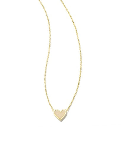 FRAMED ARI HEART SHORT PENDANT NECKLACE GOLD IRIDESCENT DRUSY