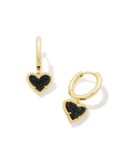 ARI HEART HUGGIE EARRINGS GOLD BLACK DRUSY