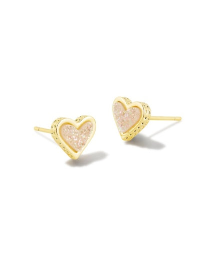 FRAMED ARI HEART STUD EARRINGS GOLD IRIDESCENT DRUSY