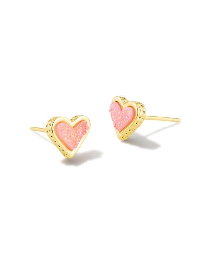 FRAMED ARI HEART STUD EARRINGS GOLD LIGHT PINK DRUSY